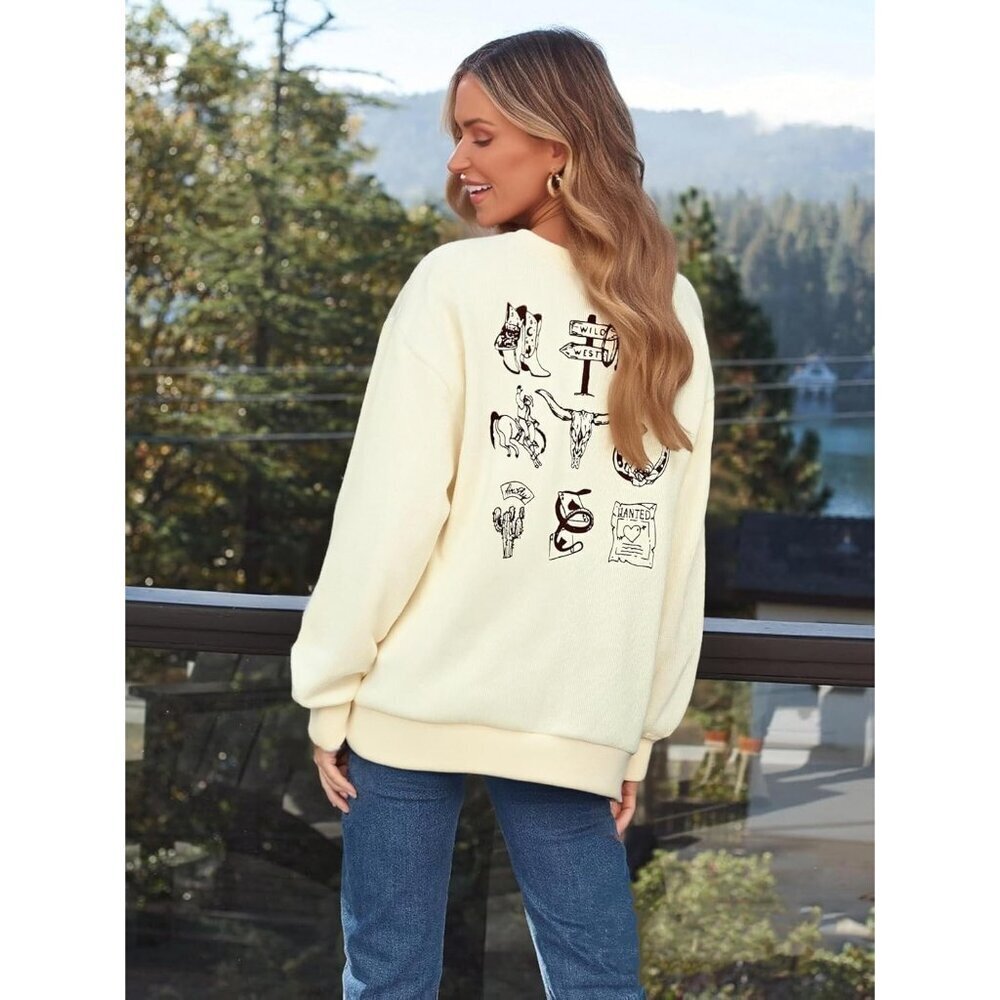 Women's Apricot Cowgirl Rodeo Western Country Concert Boho Cow Skull Sweatshirt - Picture 4 of 6